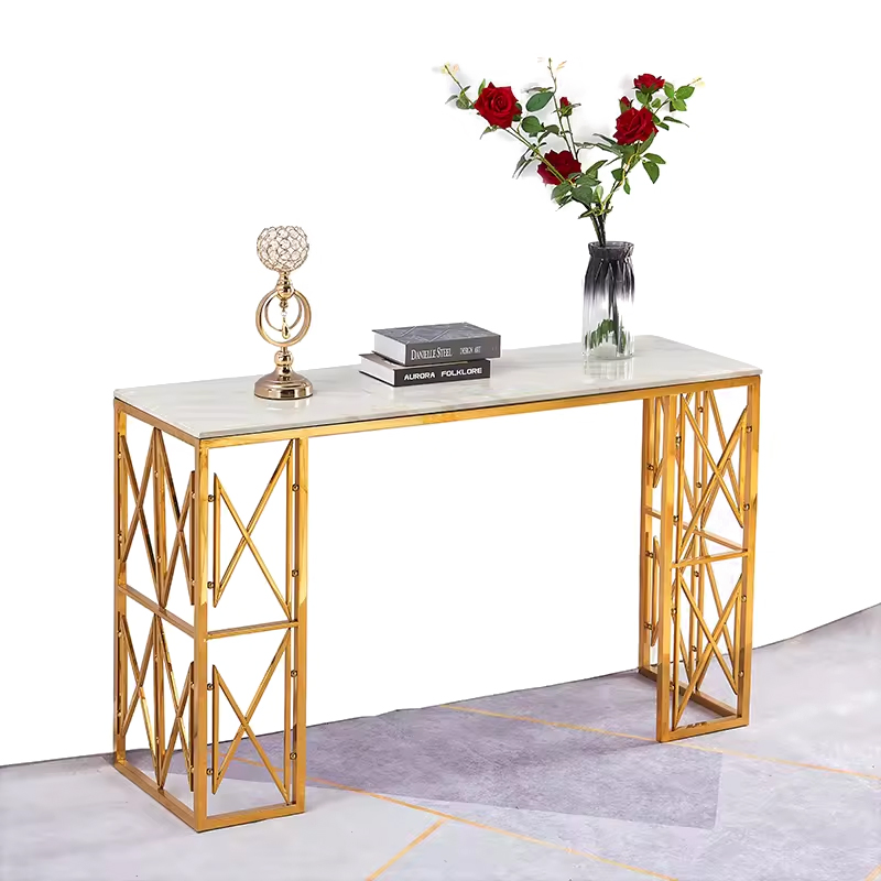 Mesa de consola de entrada estrecha de mármol blanco y dorado de lujo europeo moderno de alta gama para la sala de estar con patas curvadas