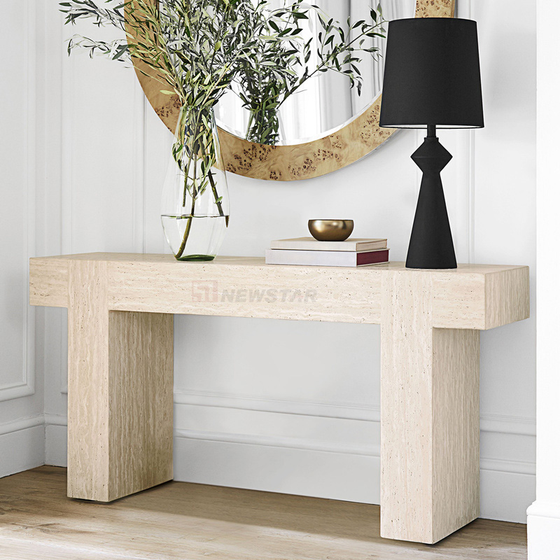 Mesa de consola nórdica de mármol contemporáneo de venta caliente, material de travertino con agujero sin llenar, mesa de consola de piedra vintage