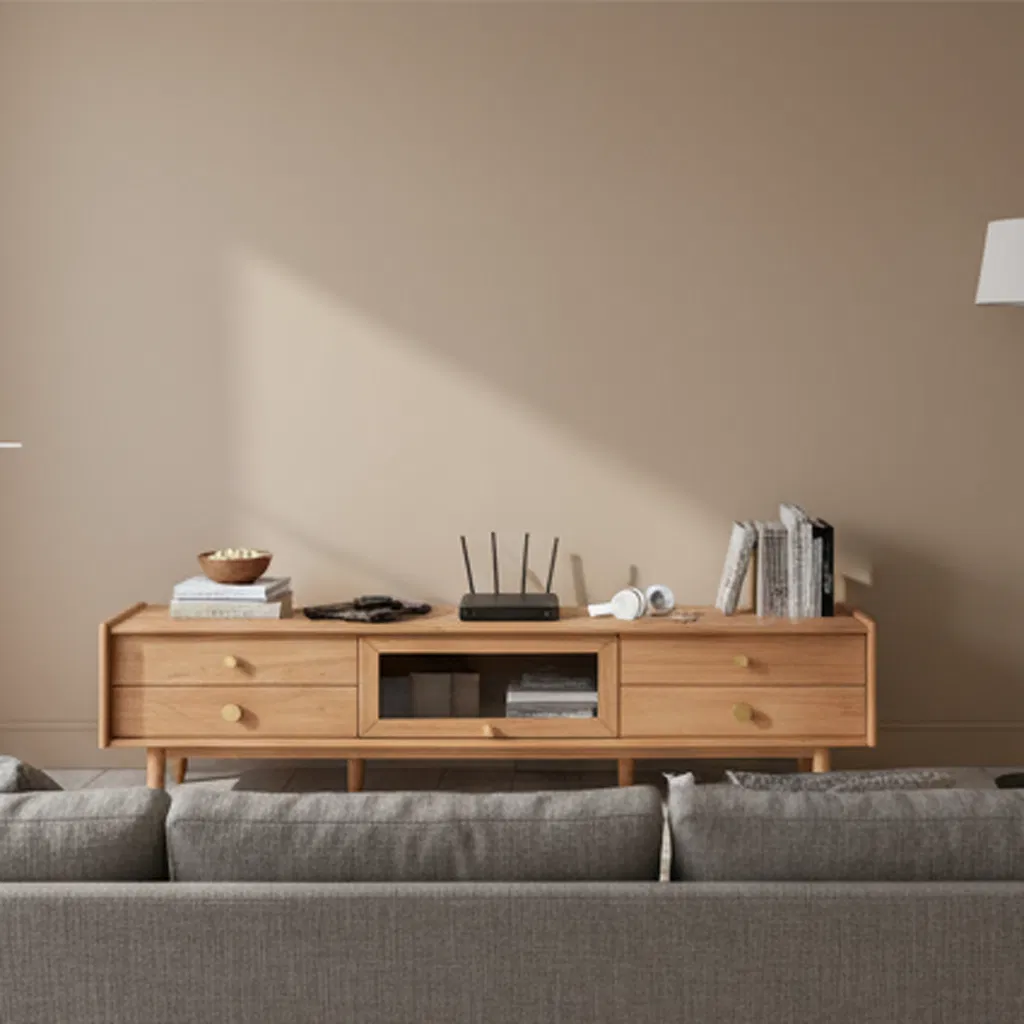 Centro de entretenimiento de madera maciza y elegante con amplias opciones de almacenamiento