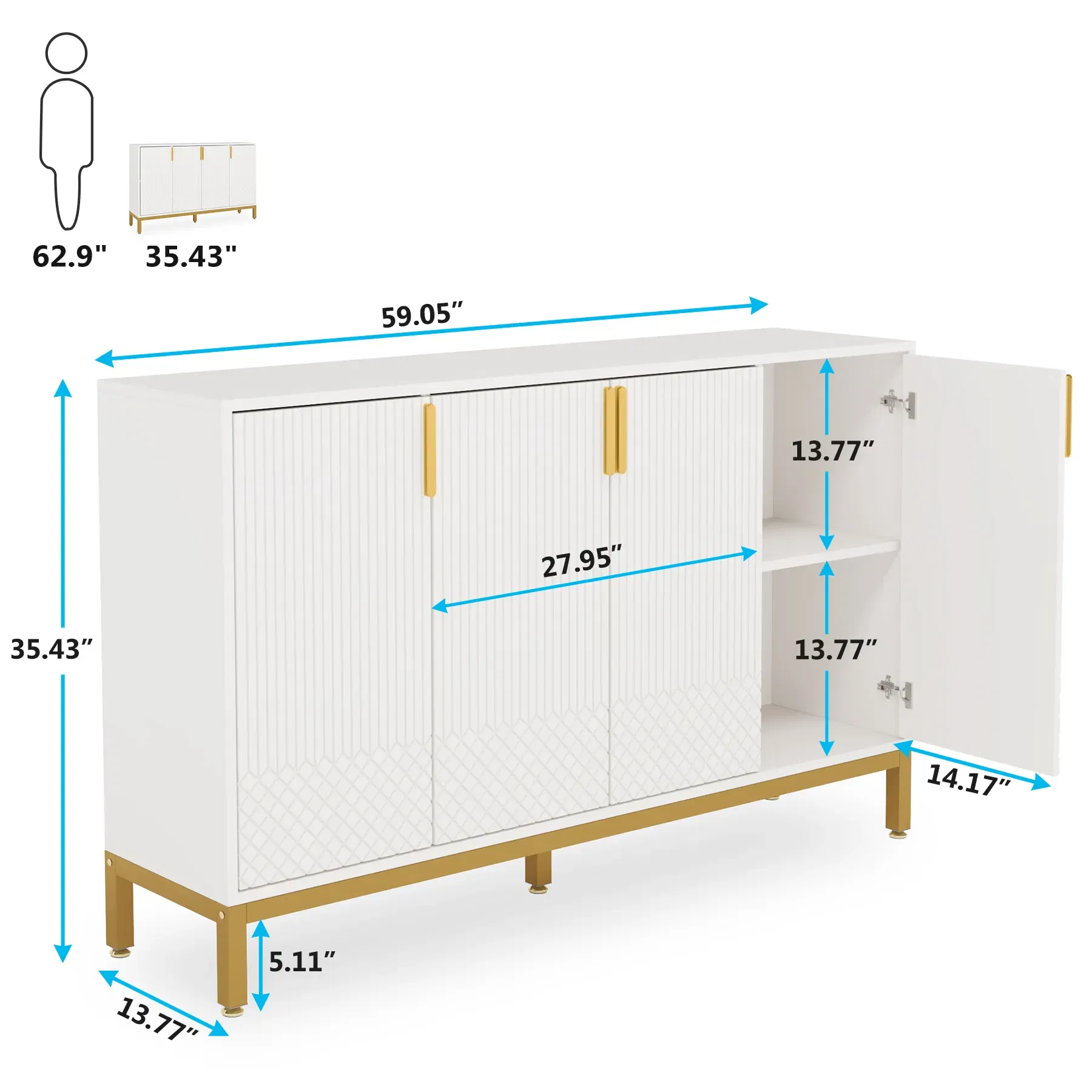 Moderno Buffet Consola Estriada 4-Door para Sala de Estar o Cocina