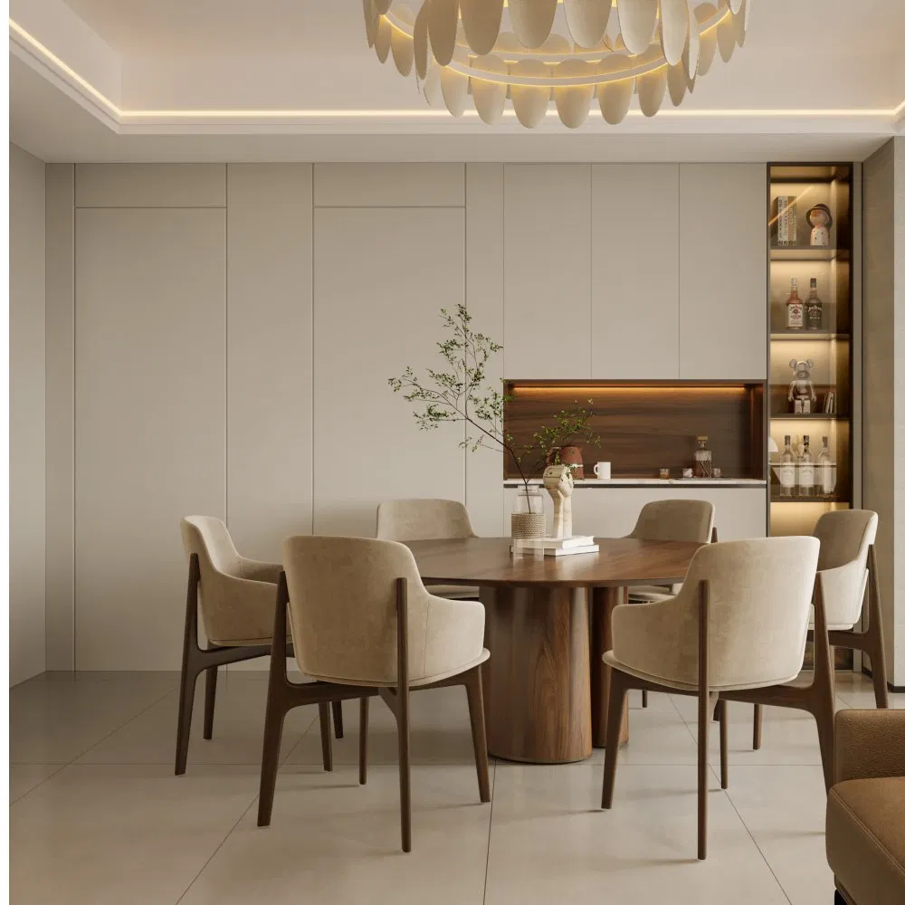 Buffet de cocina minimalista con tira de luz LED y puertas de vidrio para almacenamiento