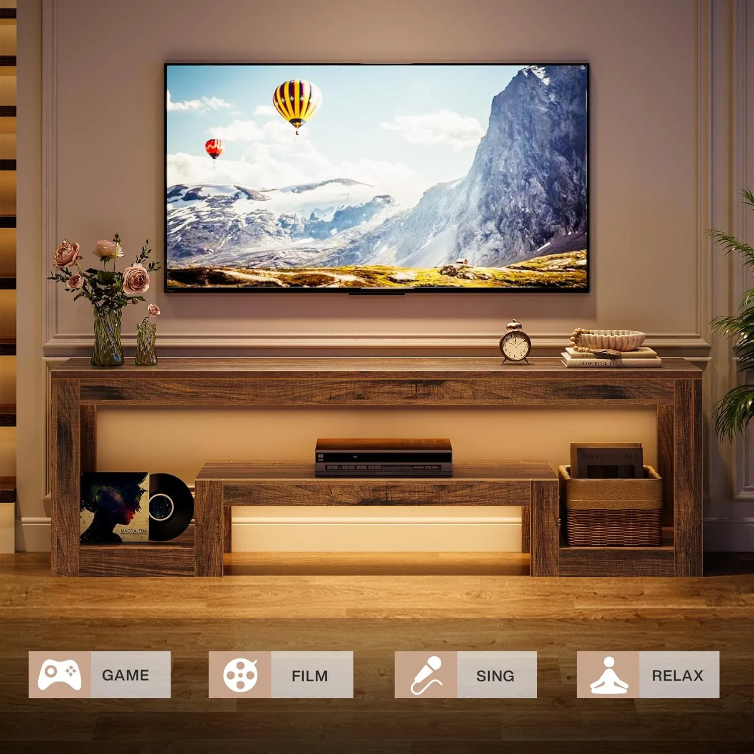 Soporte de TV de Madera Retro Extensible 2-Piece Consola de Medios Rústica con Almacenamiento Abierto