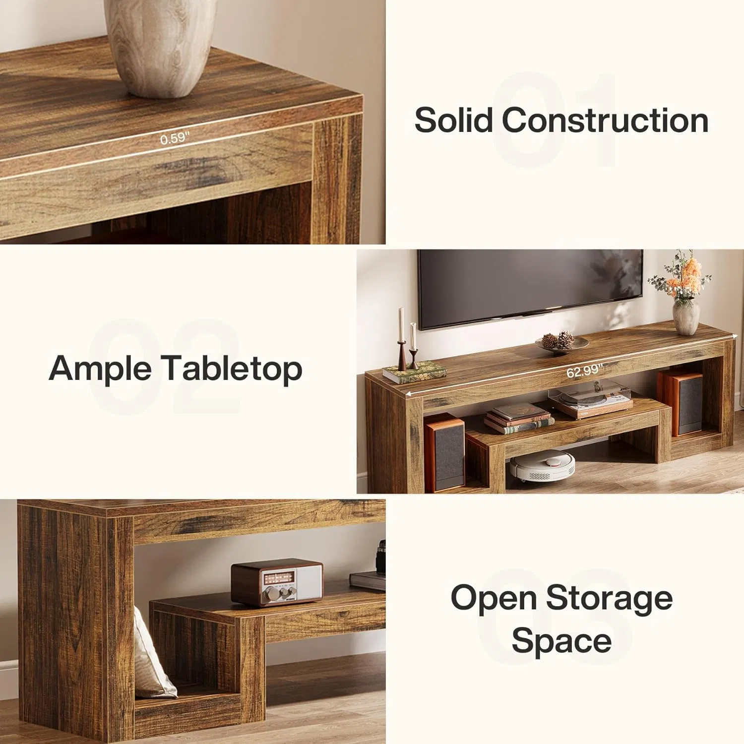 Soporte de TV de Madera Retro Extensible 2-Piece Consola de Medios Rústica con Almacenamiento Abierto