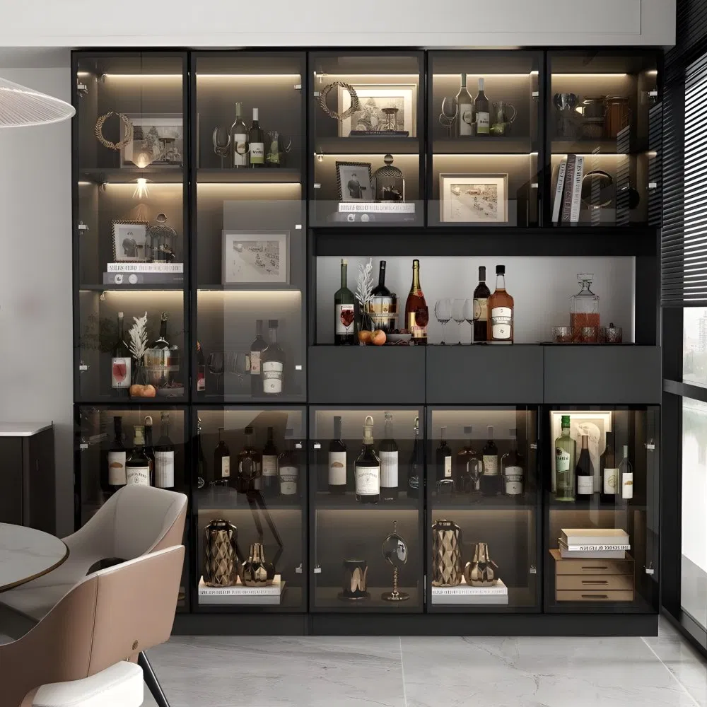 Buffet de cocina minimalista con tira de luz LED y puertas de vidrio para almacenamiento
