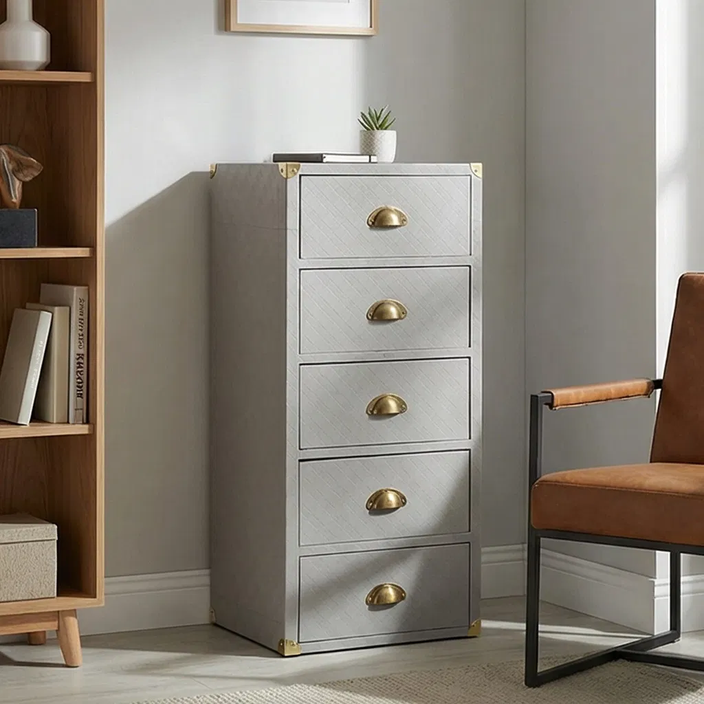 5 Cajonera, cómoda moderna gris con manijas doradas, unidad de almacenamiento alta para dormitorio, sala de estar, entrada - Organizador resistente con esquinas de metal
