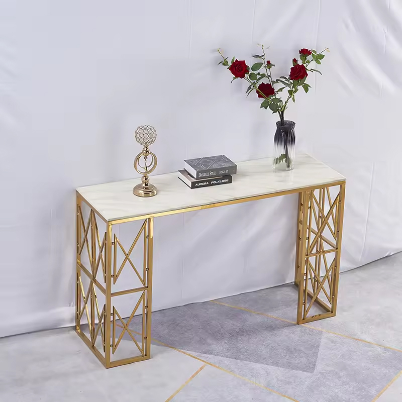 Mesa de consola de entrada estrecha de mármol blanco y dorado de lujo europeo moderno de alta gama para la sala de estar con patas curvadas