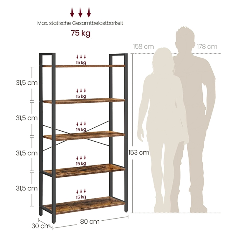5 Estante Tiers Librero de Pie Estantería Clásicamente Alta Soporte Moderno para Libros Estante de Almacenamiento para Sala de Estar Oficina