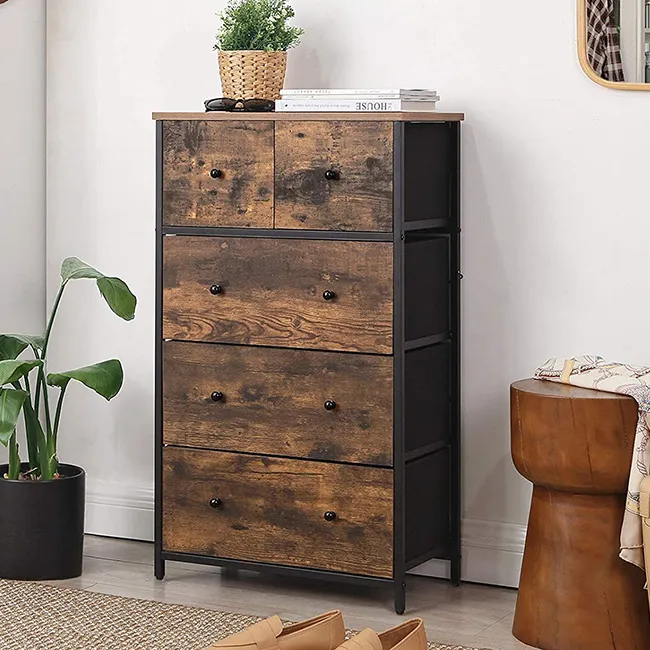 Estructura de metal, parte superior de madera, cómoda de cajones, almacenamiento de tela, mesita de noche