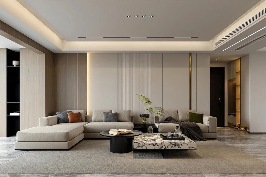 Estante flotante minimalista de acabado en nogal rústico, buffet, despensa, estudio, salón, loft, diseño de interiores industrial, centro de entretenimiento único de gran tamaño para toda la pared