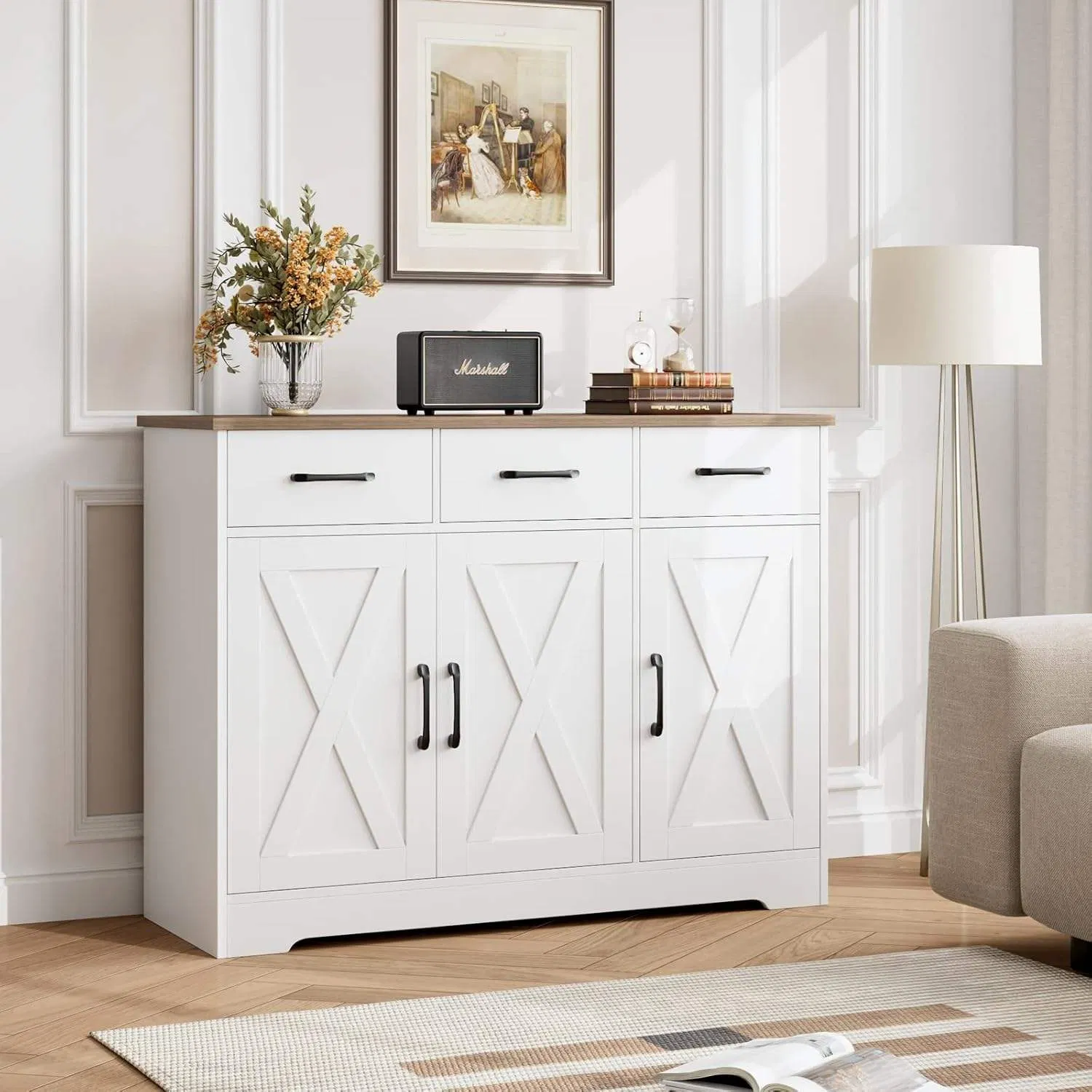 Aparador moderno con 3 cajones y estantes abiertos - Gabinete buffet con acabado de madera envejecida