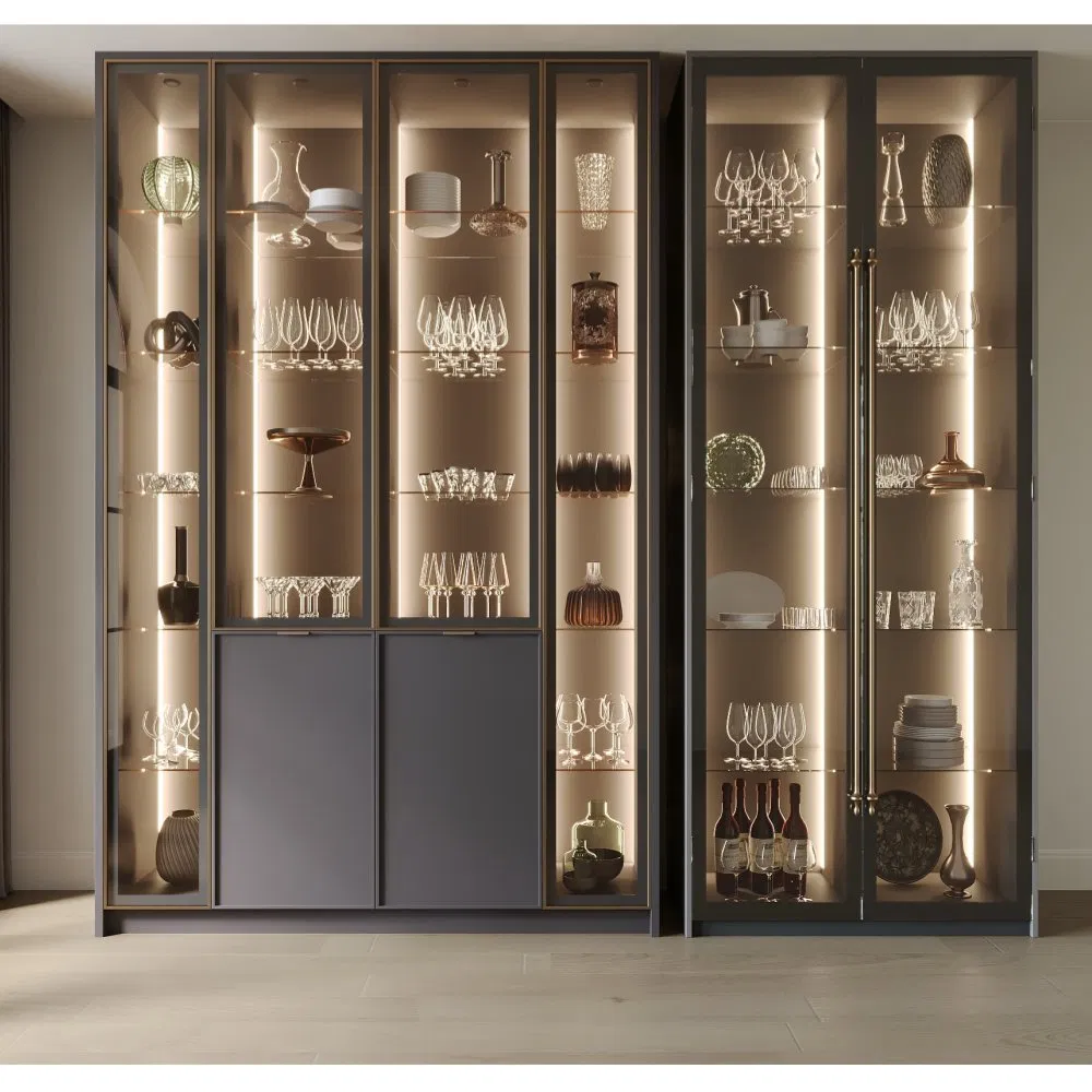 Buffet de cocina minimalista con tira de luz LED y puertas de vidrio para almacenamiento