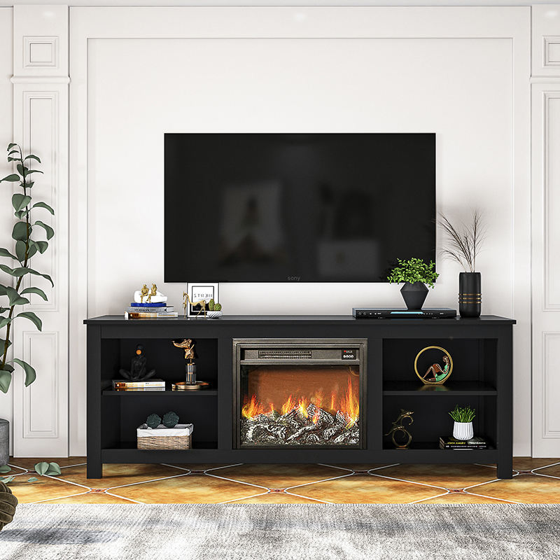 Centro de entretenimiento de televisión contemporáneo con chimenea LED realista y amplio espacio de almacenamiento