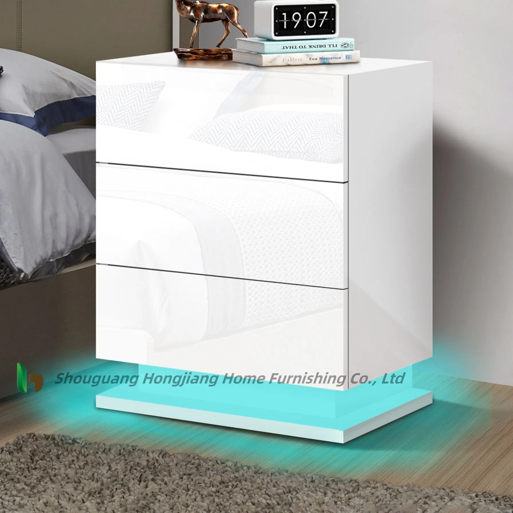Mesa de lado de sofá con colores ajustables y 3 cajones para dormitorio y sala de estar, mesa de noche iluminada inteligente con LED