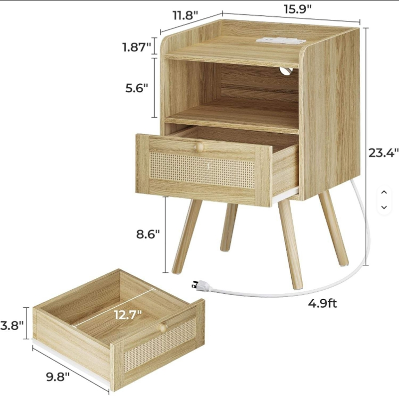 Mesa de noche de madera diseñada exclusivamente con estación de carga, cajones decorativos de ratán para dormitorios y salas de estar