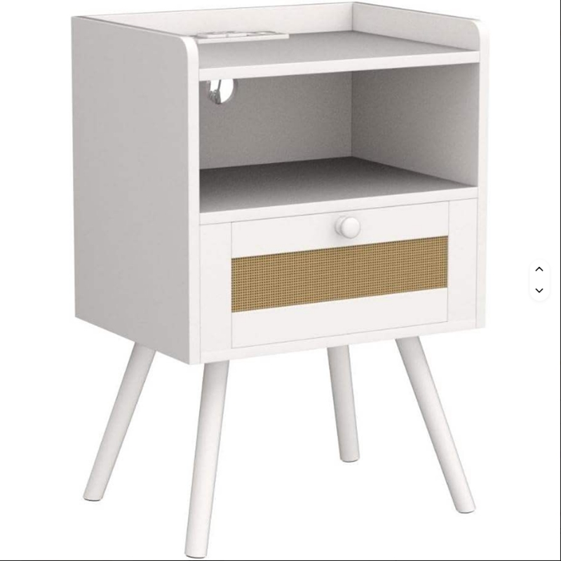 Mesa de noche de madera diseñada exclusivamente con estación de carga, cajones decorativos de ratán para dormitorios y salas de estar