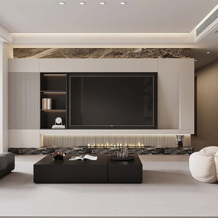 Estante flotante minimalista de acabado en nogal rústico, buffet, despensa, estudio, salón, loft, diseño de interiores industrial, centro de entretenimiento único de gran tamaño para toda la pared