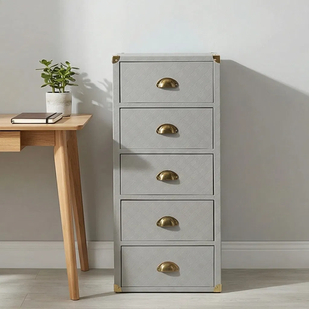 5 Cajonera, cómoda moderna gris con manijas doradas, unidad de almacenamiento alta para dormitorio, sala de estar, entrada - Organizador resistente con esquinas de metal