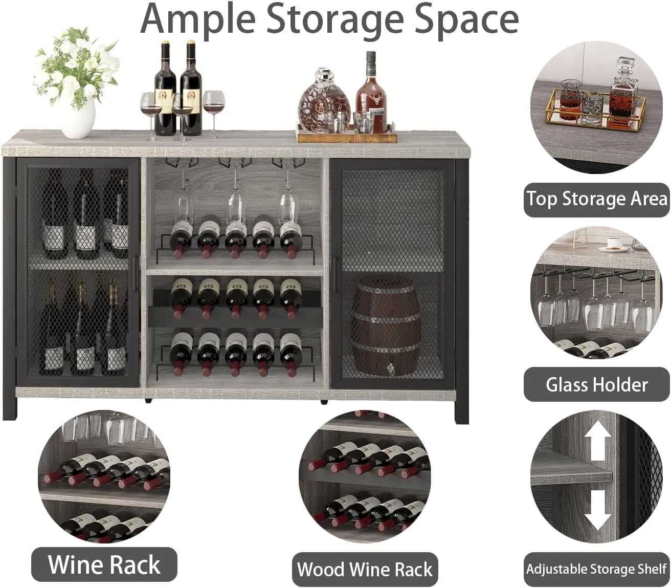 Gabinete de vino, gabinete de bar estilo granja para licor y copas, gabinete buffet lateral con almacenamiento