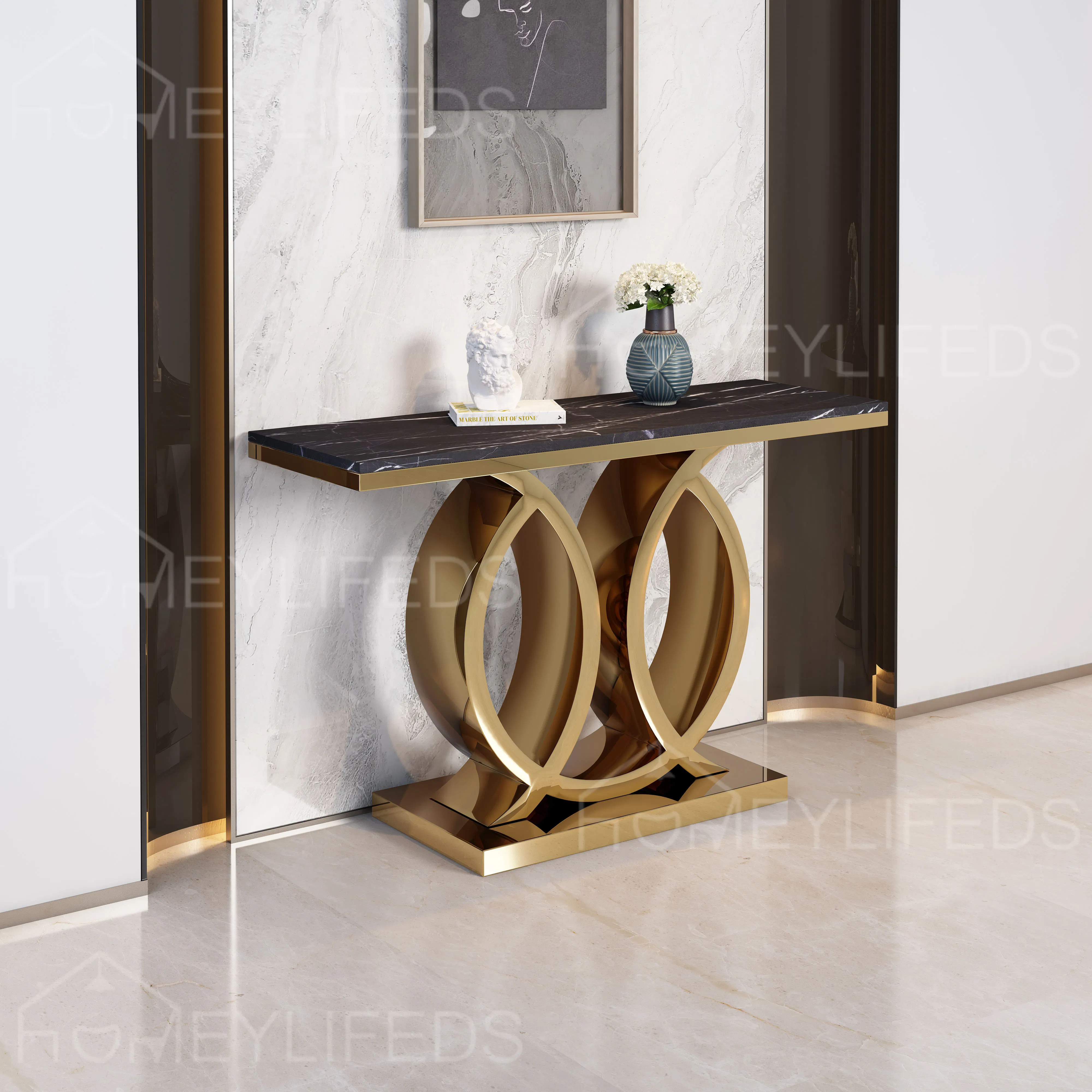 Mesa Consola de Mármol Única con Acero Inoxidable para Configuraciones de Banquete Elegantes
