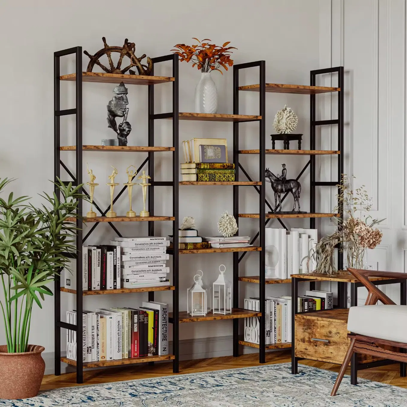 Estantería de oficina de madera con estantes de almacenamiento, marco vertical
