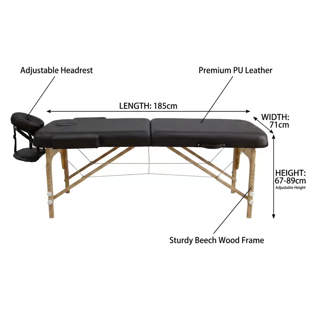 Massage Table 2-Section Foldable Beech Wood | 260kg 7cm Foam | Spa Chiropractic Eyelash Tattoo Beauty Salon | GPSR ISO9001 OEM