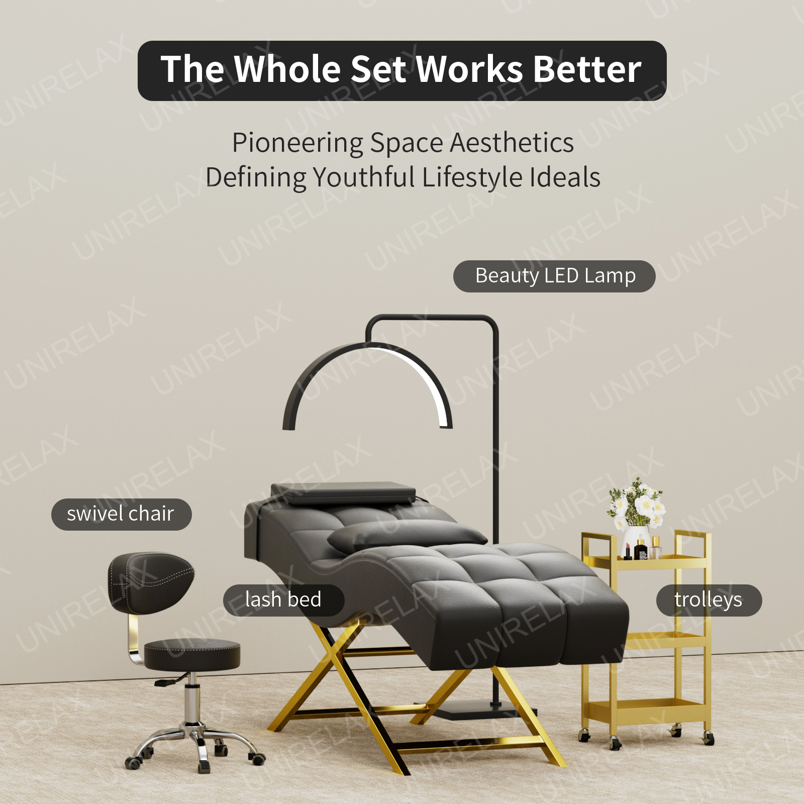 Union Win Luxury Physiotherapy Bed Set Topper Modern Design with New Stainless Steel Base Curved Eyelash Lash Beds for Beauty