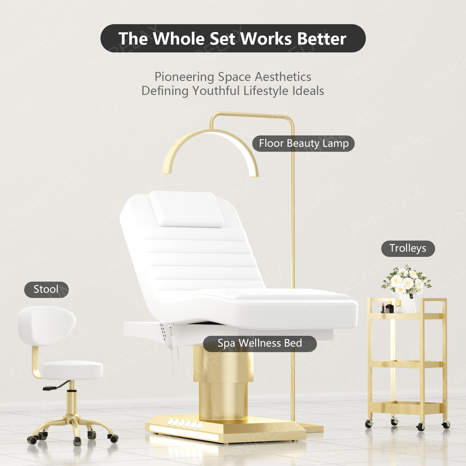 Modern White Gold Full Electric Therapy Medical Spa Salon Treatment Massage Table Lash Esthetician Cosmetic Facial Beauty Bed