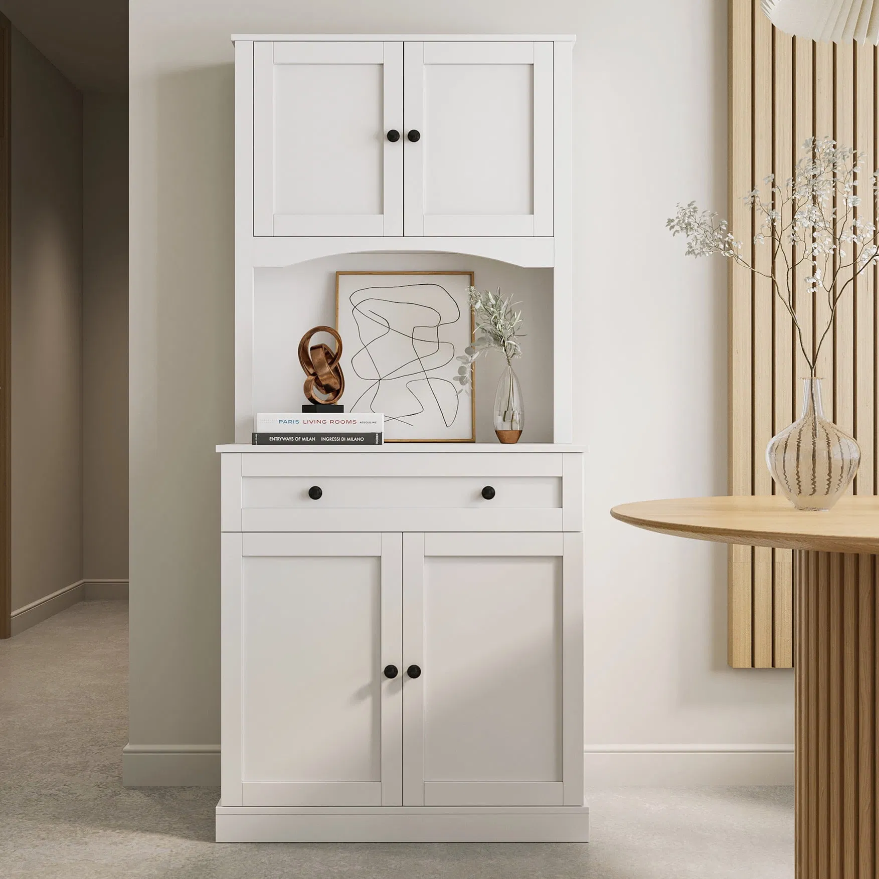 70" Tall Wardrobe Cabinet, Modern Kitchen Sideboard Console Table with 1 Drawer and 4 Doors, Wood Pantry Cabinet Side Table with Large Storage Space for Kitchen