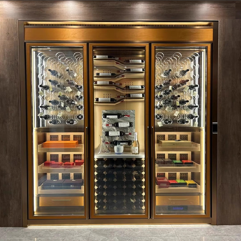 Custom Gold Stainless Steel Wine Cabinet Bar Wine Rack with Glass Door