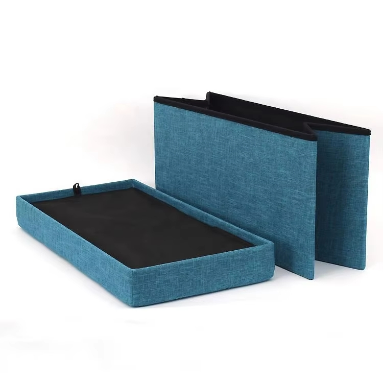 Living Room Furniture Set Long Size Blue Velvet Fabric Foldable Storage Bench