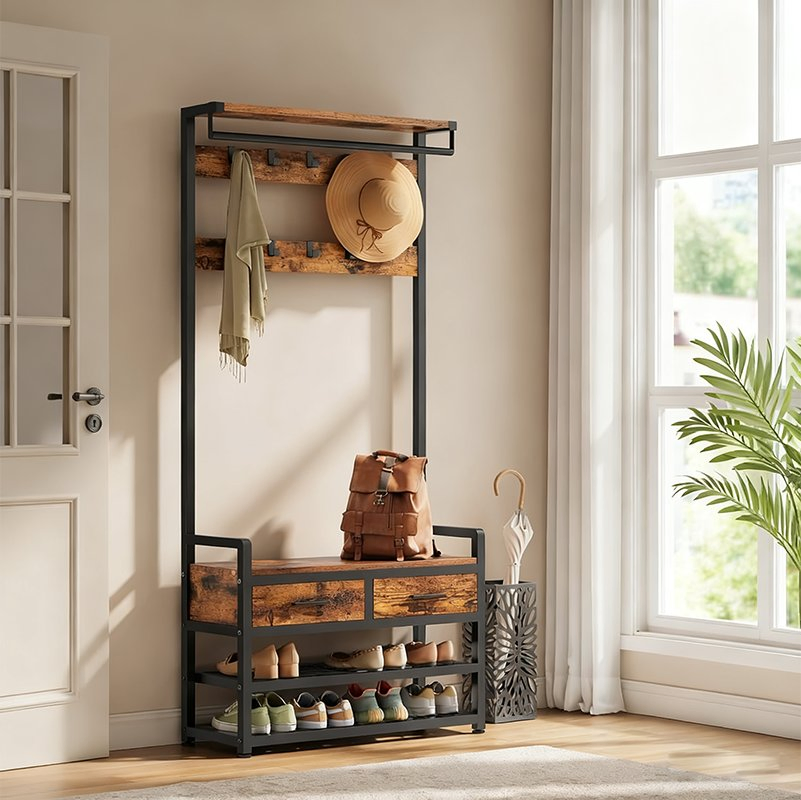 Durable Detachable Entryway Coat Rack Vintage Brown Entryway Cabinet with Drawer Bench and Shoe Storage