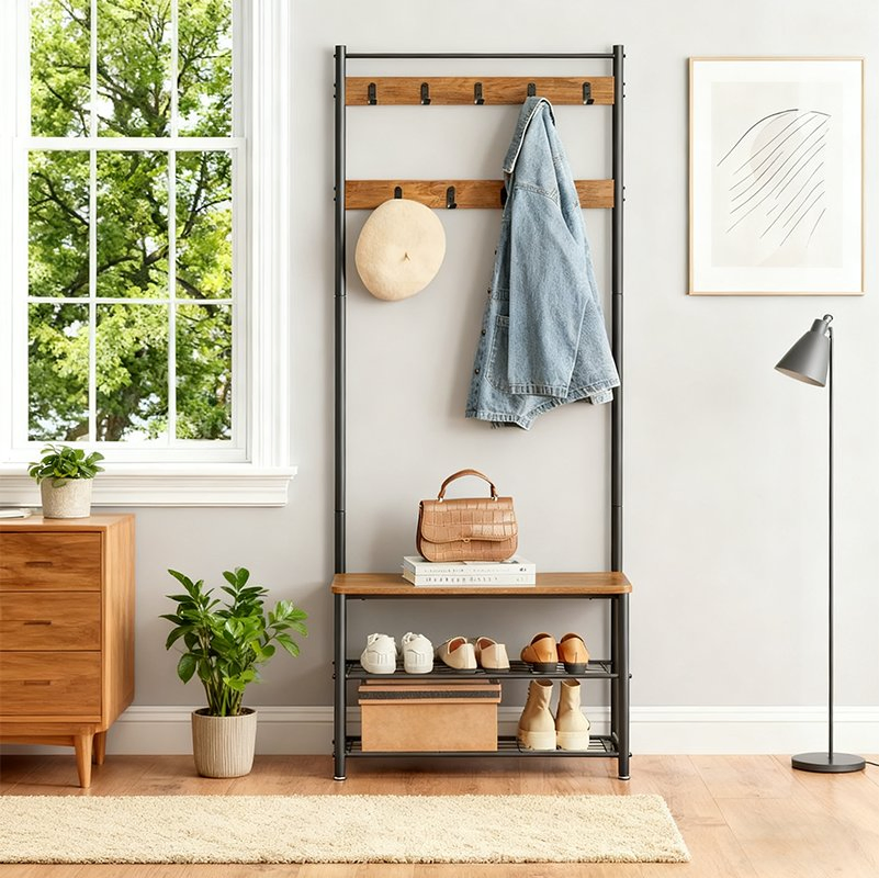 Entryway Bench Industrial Rustic Coat Rack Hall Tree with Shoe Storage Bench
