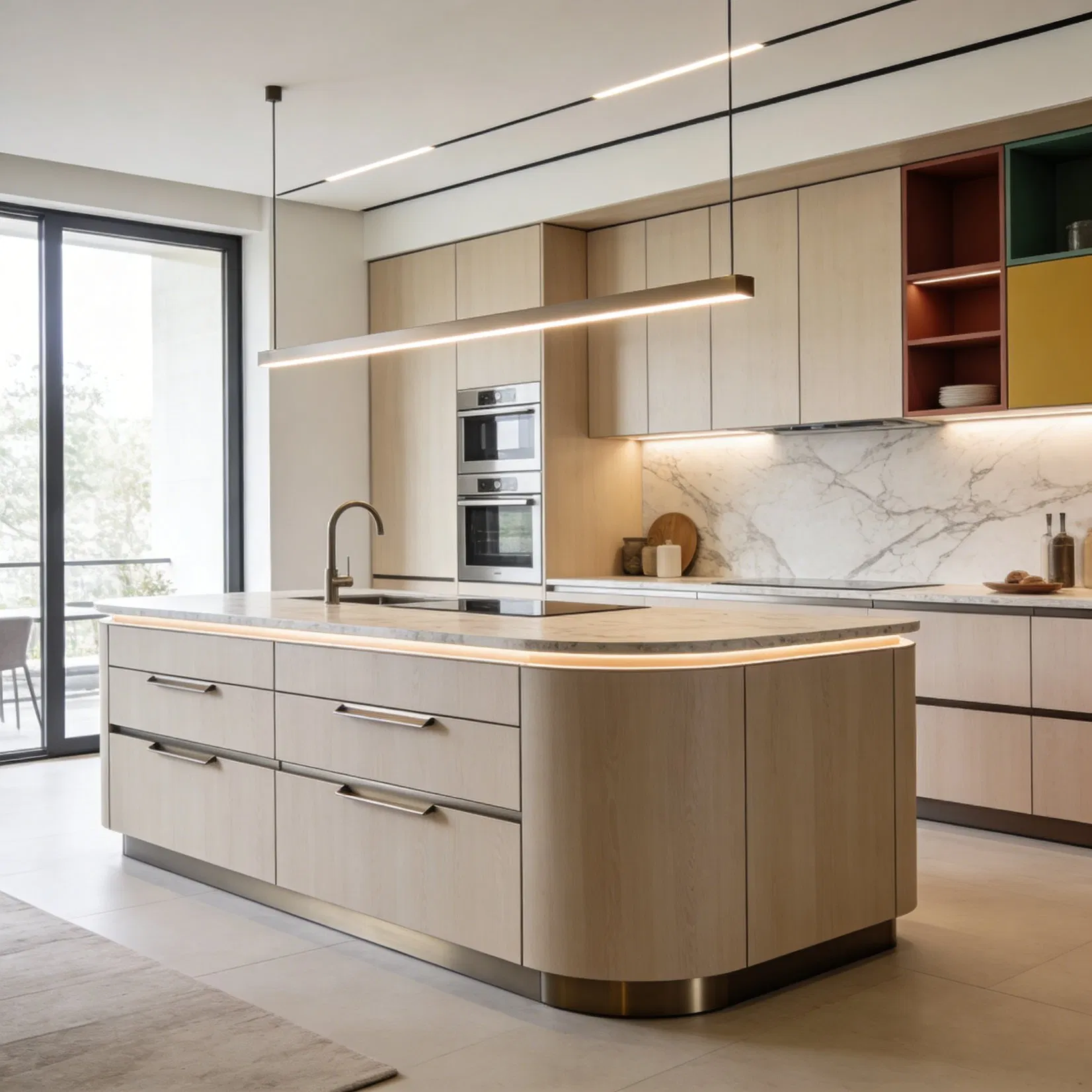 High-Gloss Grey &amp; Wood Kitchen Cabinets Custom Storage Solutions with Pull-out Baskets &amp; Tall Pantry