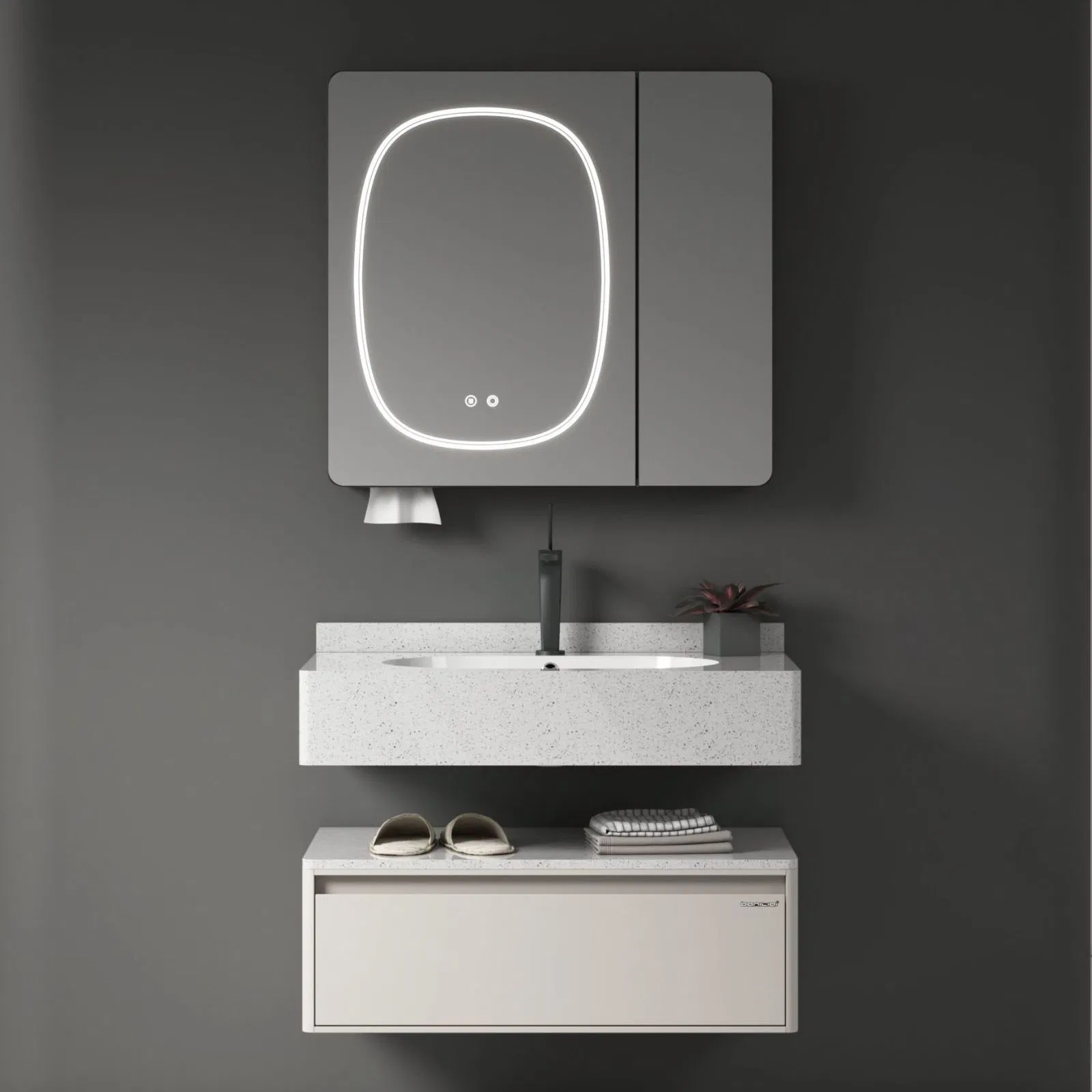 Baked Enamel Stainless Steel with Seamless Integrated Sintered Stone Sink Bathroom Vanity