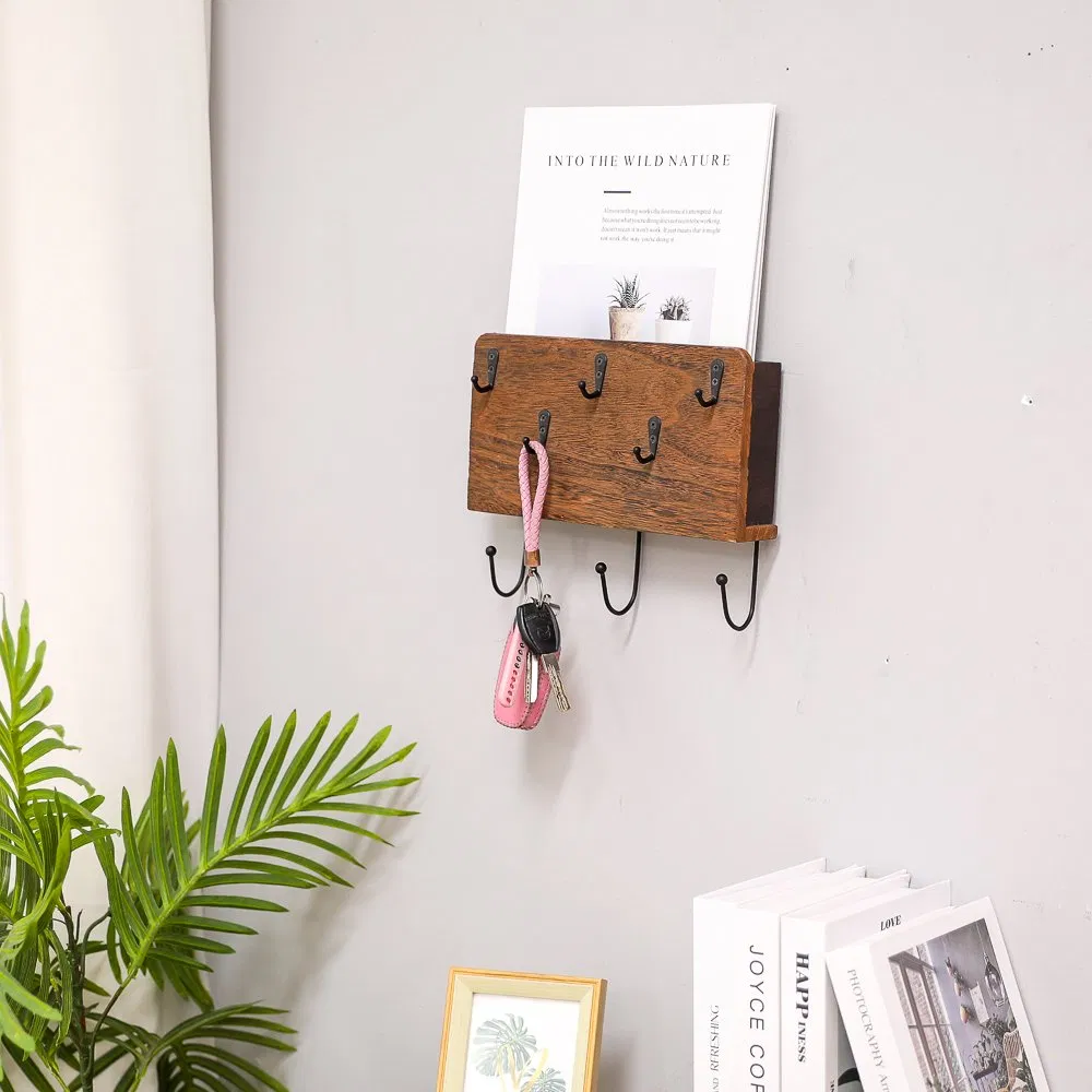 Customized Durable Rustic Wooden Coat Rack with Hooks Wall Mounted Hanger Entryway Floating Shelf Solid Wood Mail and Key Holder Rack