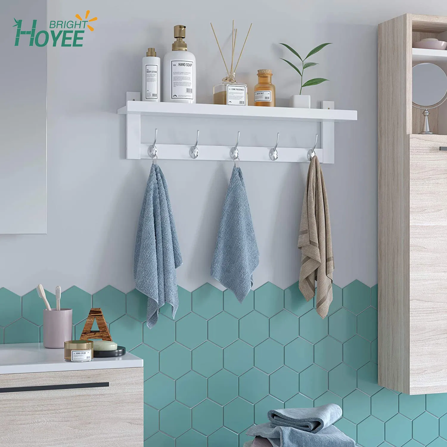 White Color Bamboo Entryway Wall Shelf Hanging Shelf 29 in L, Wall-Mounted Coat Hook Rack with 5 Dual Metal Hooks for Hallway, Bathroom, Living Room, Bedroom