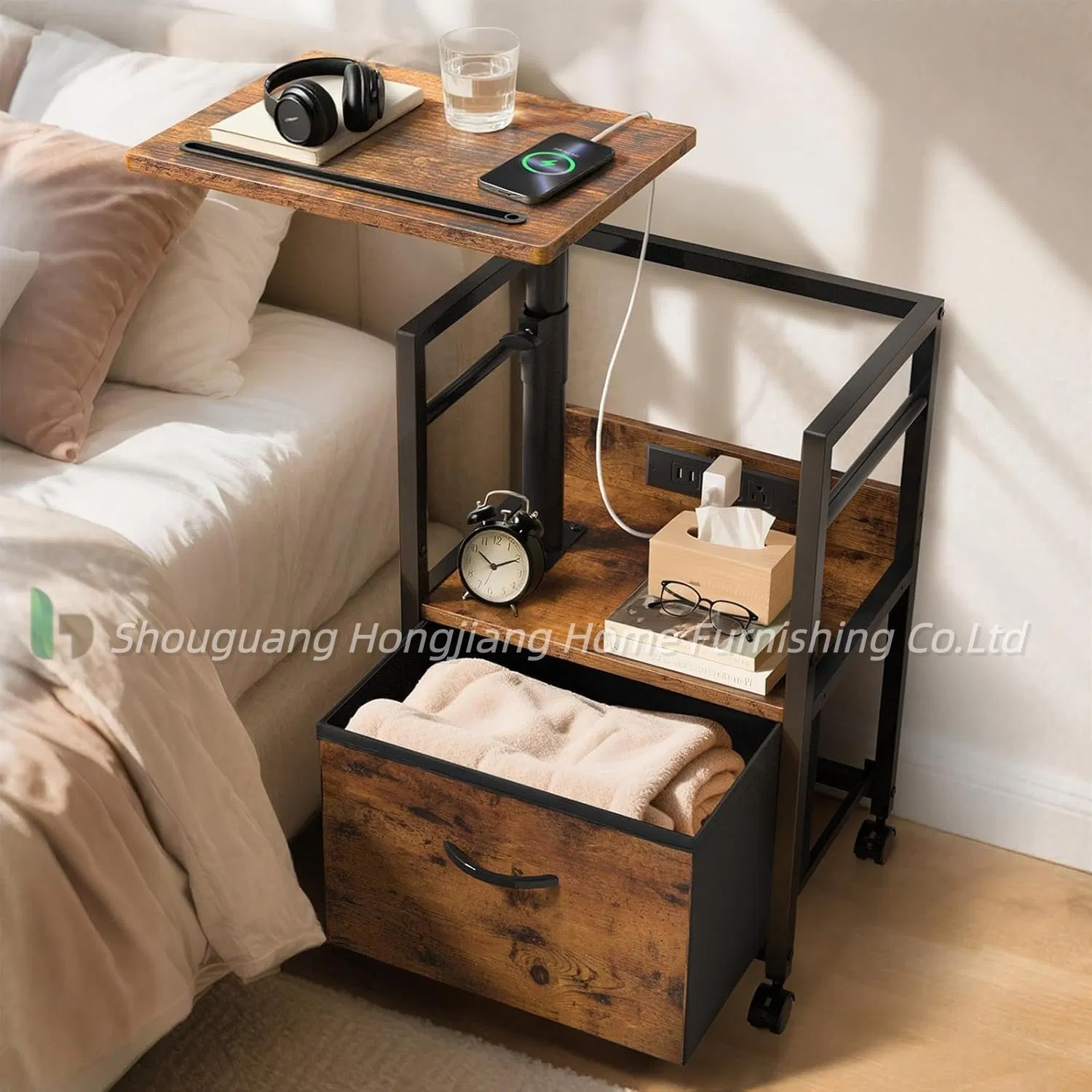Lift Top Bedside Table with Charging Station, Rolling Night Stand
