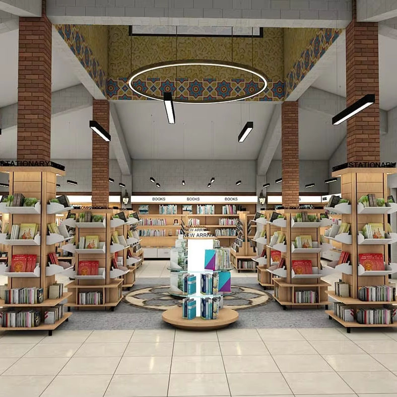 Design Custom LED Light Wooden Bookshelf Cabinet Bookstore Library Furniture