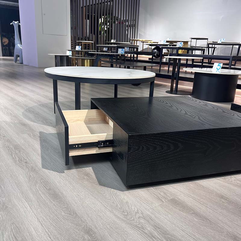 European Modern Design Luxury Living Room Home Furniture Set Side Table Wood Storage Black Round Rock Slab Coffee Table
