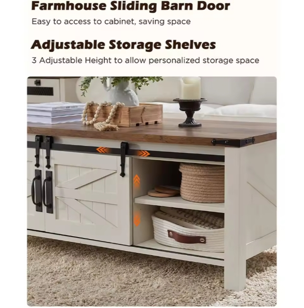 Adjustable Shelf Lift Top Coffee Table with Sliding Barn Door Hidden Storage