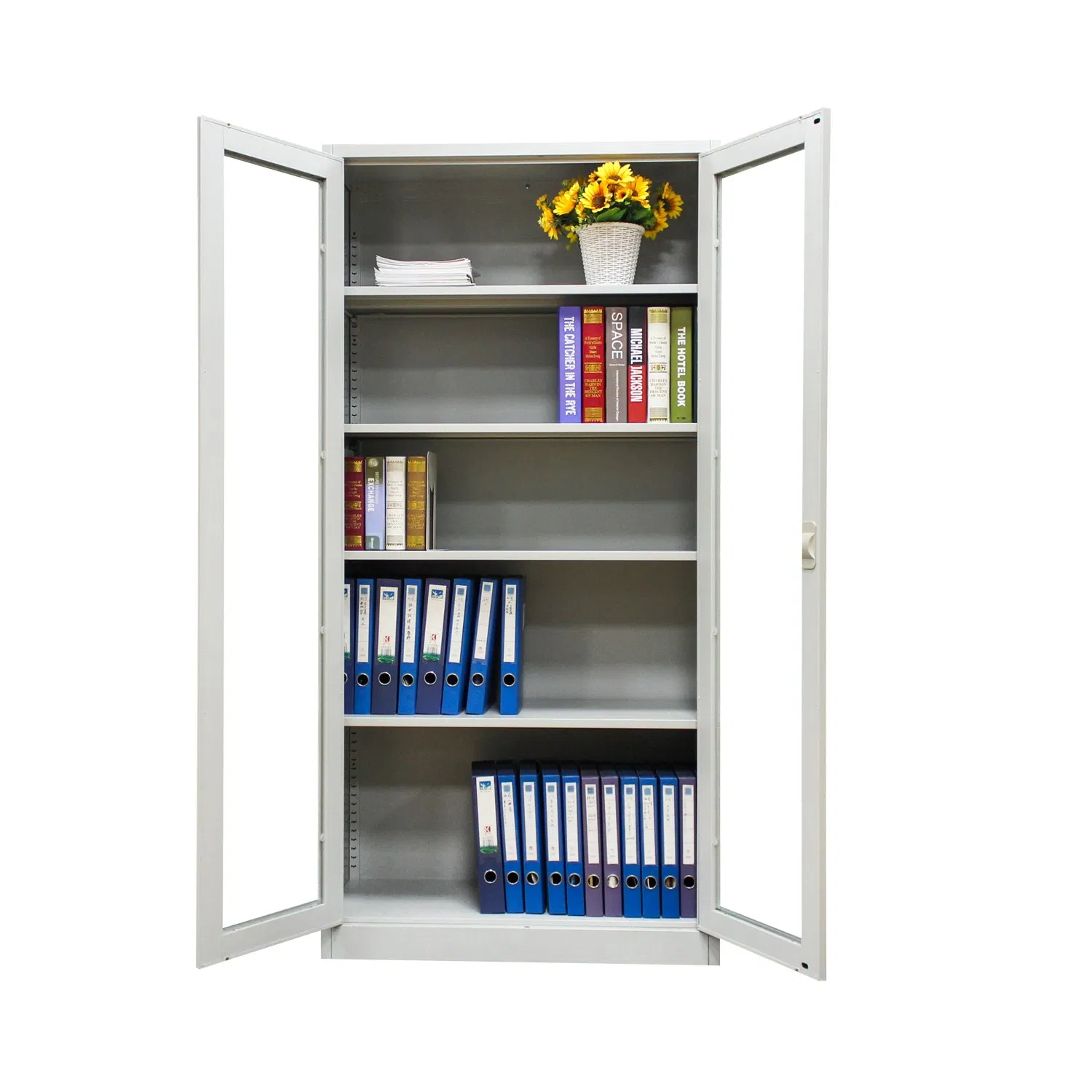 Double Door Library Book Gray Lockable 4 Shelf Steel Glass Door Filing Cabinet