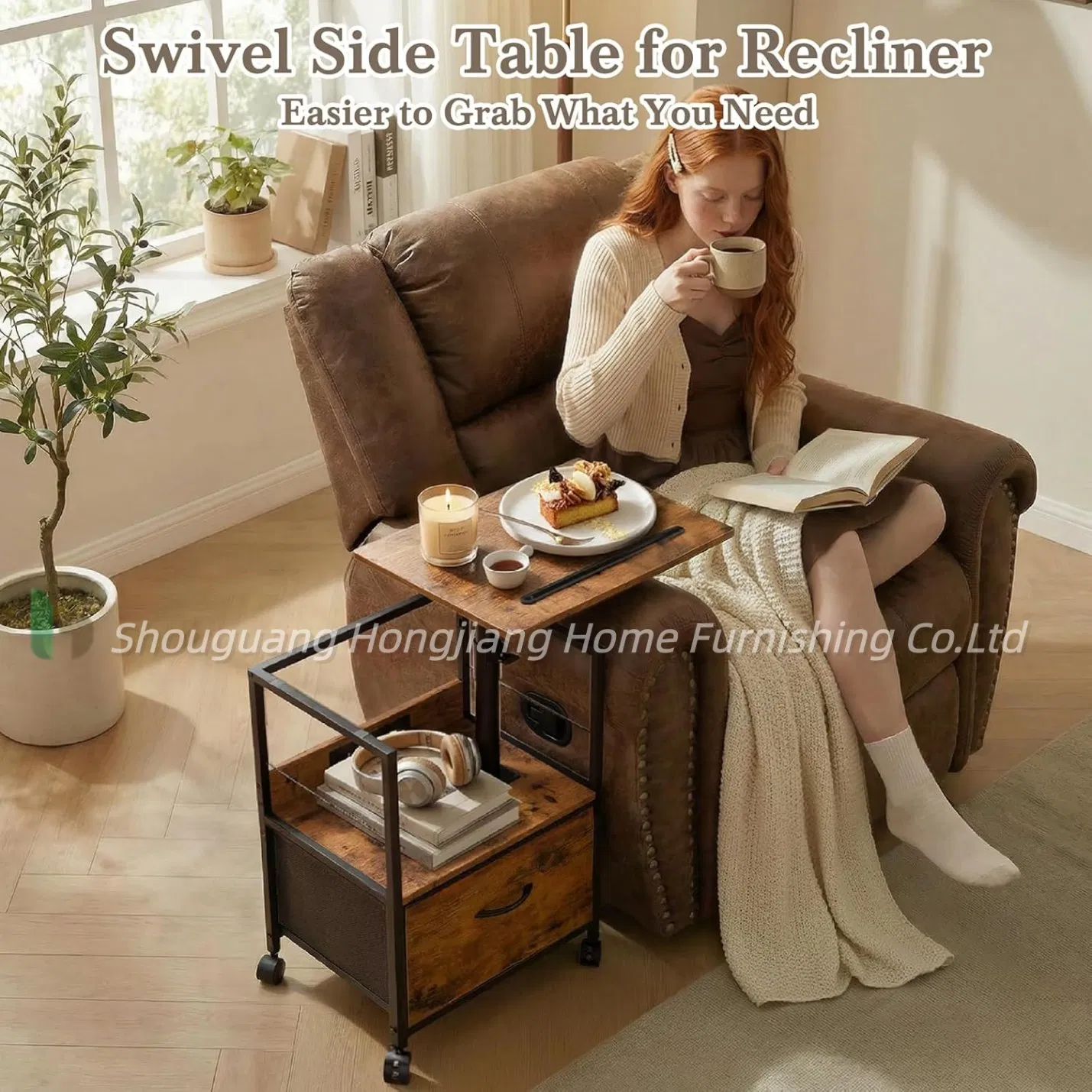 Lift Top Bedside Table with Charging Station, Rolling Night Stand