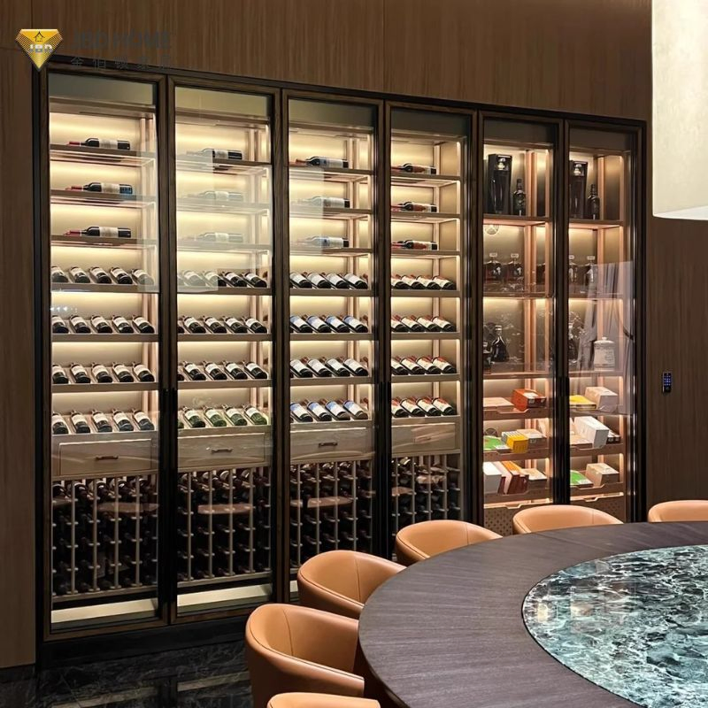 Wooden Grain Aluminium Furniture Bar Whisky Wine Drinks Shelf Corner Liquor Display Cabinets