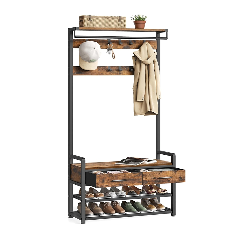 Durable Detachable Entryway Coat Rack Vintage Brown Entryway Cabinet with Drawer Bench and Shoe Storage