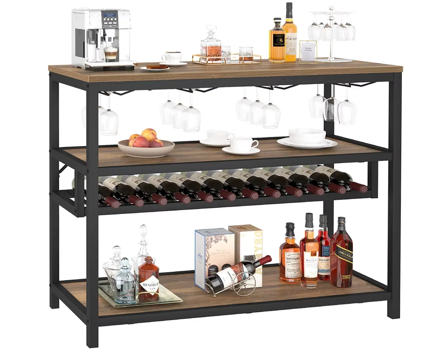 Freestanding Wood-Metal Wine Rack Bar Cabinet with Glass Holder