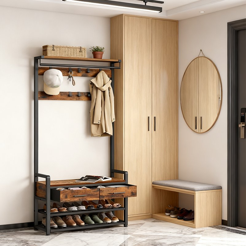 Durable Detachable Entryway Coat Rack Vintage Brown Entryway Cabinet with Drawer Bench and Shoe Storage