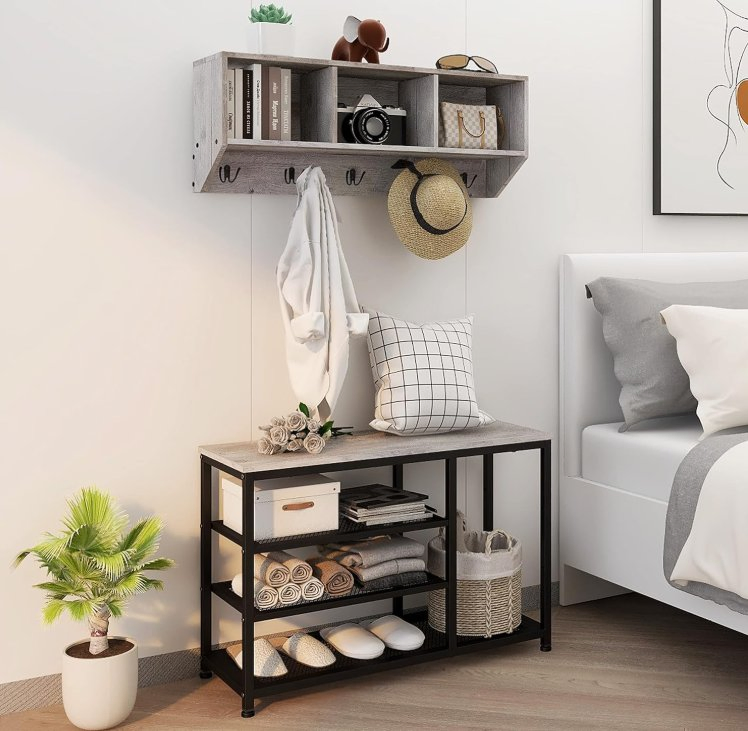 Coat Rack Shoe Bench Set Entryway Hall Tree with Bench Shoe Rack Wall Mounted Coat Rack 3 Storage Cubbies Display Shelf (Grey)