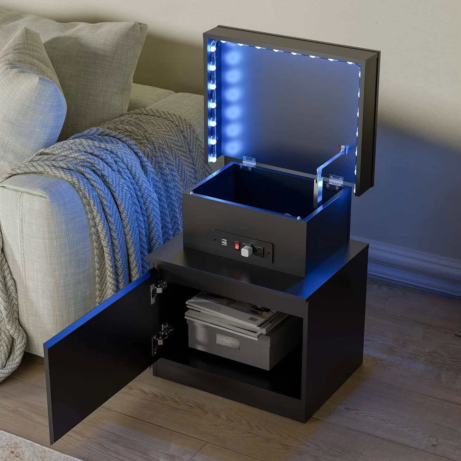 Smart Bedside Table with LED Lights-USB Nightstand Drawer for Bedroom