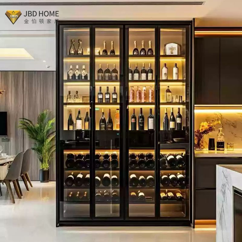 Wooden Grain Aluminium Furniture Bar Whisky Wine Drinks Shelf Corner Liquor Display Cabinets