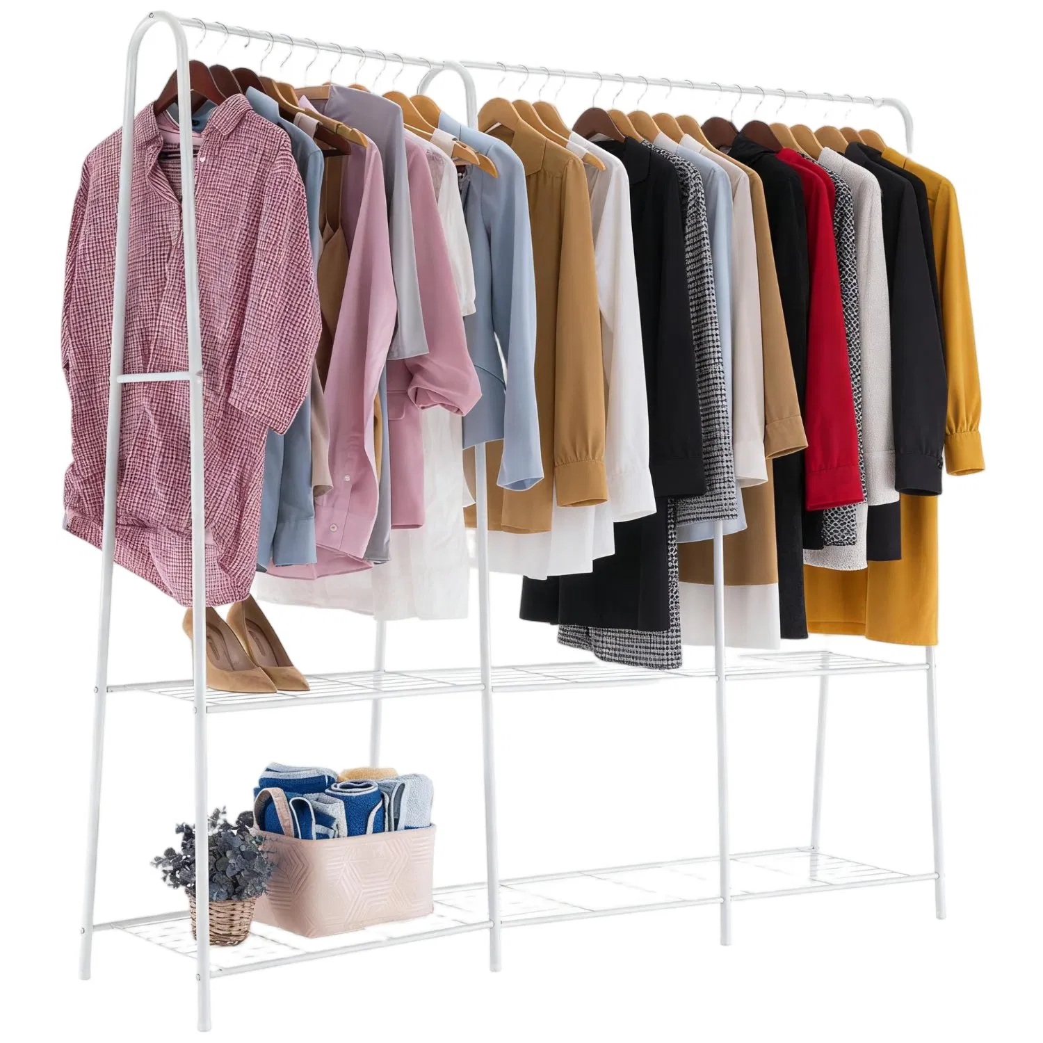 Compact Vertical Coat Rack - 2 Storage Shelves &amp; Clothing Hanger Rod, White Metal Coat Rack for Entryway Organization